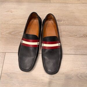 Bally Black Loafers with Red and Cream Stripes